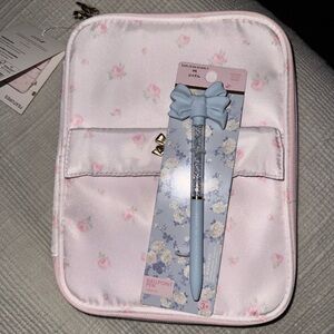LoveShackFancyx yoobi Pink Floral Cosmetic Pouch with Blue Bow Pen